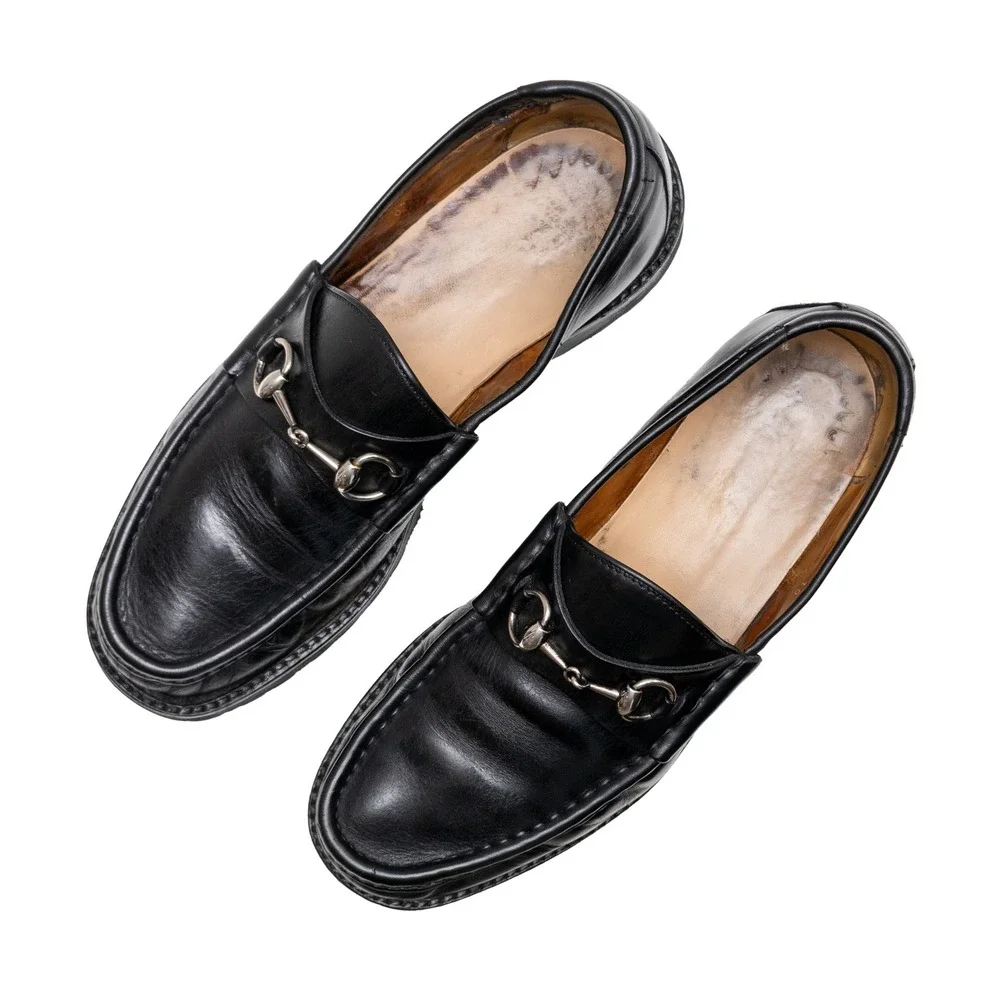 Gucci Vintage Mens Black Leather Horsebit Loafers Vibram Lug Sole Size 10